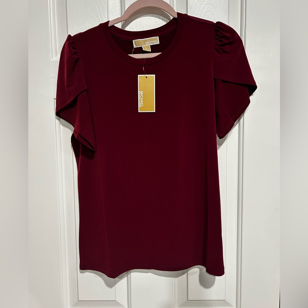 NWT Michael Kors short sleeve top - dark ruby - ruffle sleeves